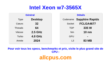 Intel Xeon w7-3565X Spécifications et benchmarks du CPU