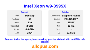 Intel Xeon w9-3595X Especificaciones y benchmarks de la CPU